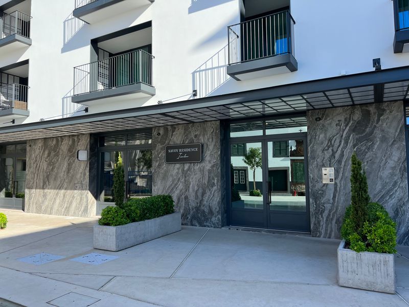 Modern residential building entrance with marble details and potted plants.